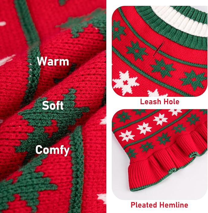 KYEESE Dog Christmas Sweater Pullover Dog Sweater for Small Dogs Warm Dogs Coats Pet Clothes Pet Sweater Dress with Snowflake Pattern Turtleneck Knit Pet Sweater for Girl with Leash Hole, Red, Large