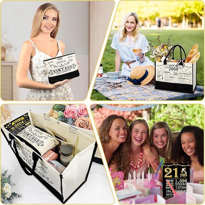 21st Birthday Gifts for Her Canvas Tote Bag Travel Gear, Unique 21 Years Old Birthday Gifts for Girlfriend Sister Friends Women, Vintage 2004 Handbag & Cosmetic Bag & Back in 2004 Poster