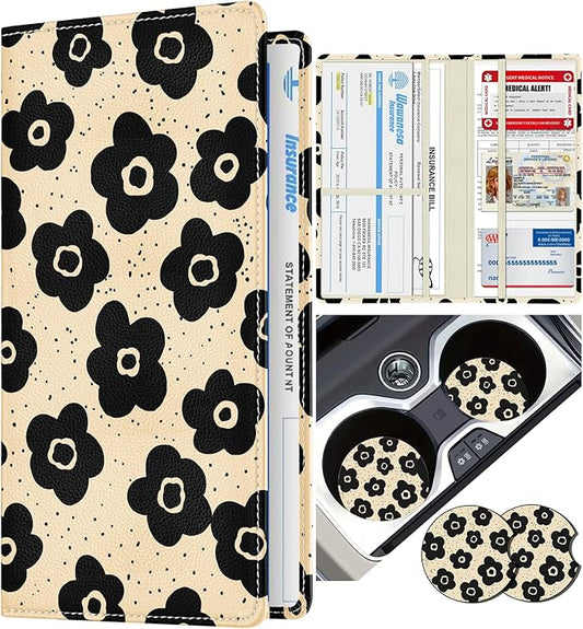 Slohif Car Registration and Insurance Card Holder - Black Flower Vehicle Glove Box Organizer Women with Magnetic Shut Leather Automobile License Holders Coasters Auto Accessories Case for Document