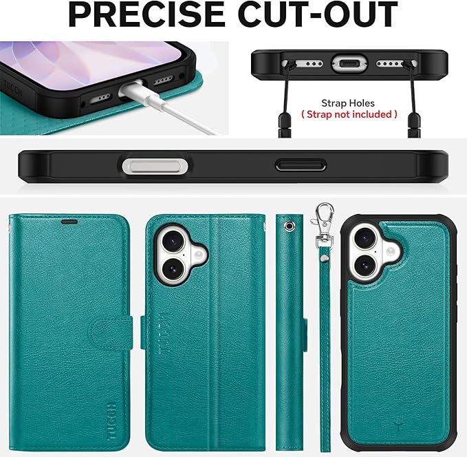TUCCH Detachable Case Wallet for iPhone 17 (6.3") 2025, Wrist Strap | 4 Card Slots RFID Blocking | Wireless Charging | Stand | 2-in-1 Magnetic | PU Leather | Shockproof Folio Cover | Cyan