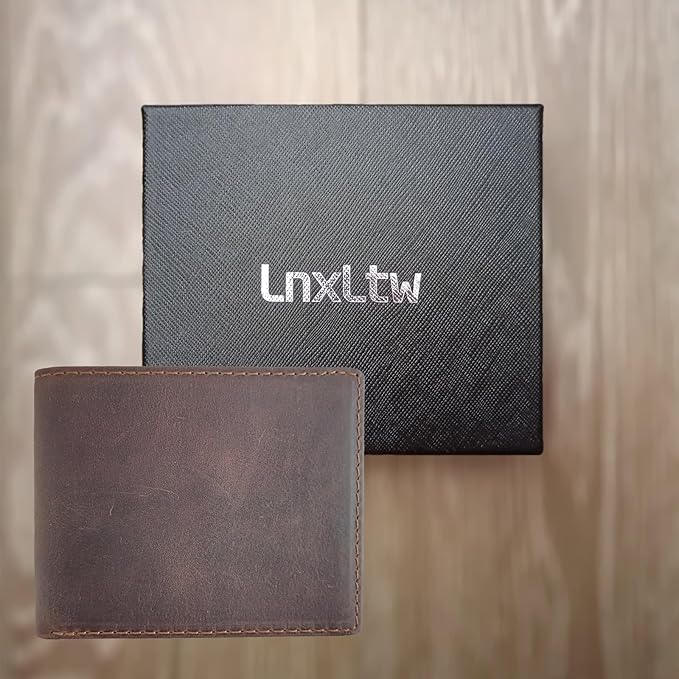 LnxLtw Men's Slim Front Pocket Bifold Wallets Full Grain Leather RFID Blocking with ID Window & Gift Box, Simple Design Minimalist Picture Holder for Men (Coffee)