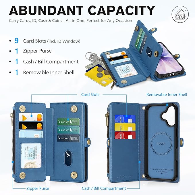 TUCCH Removable Crossbody Case Wallet for iPhone 17 (6.3-inch) 2025, Wireless Charging, RFID Blocking 9 Card Slots, Lanyard, Wrist Strap, Zipper Pocket, PU Leather, Stand Magnetic Cover, Light Blue