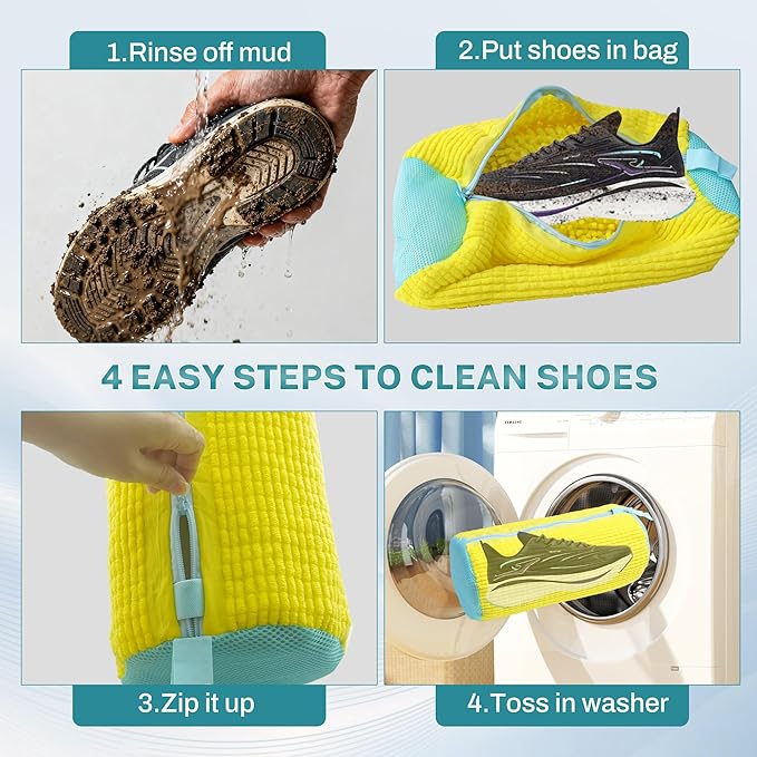 Shoe Washing Machine Bag, 2PCS Reusable Shoe Bag for Washing Machine, 360° Deep Cleaning Shoe Washing Bag for Sneakers, Laundry Shoe Bag for Washer & Dryer, Fits All Shoe Types (Yellow)