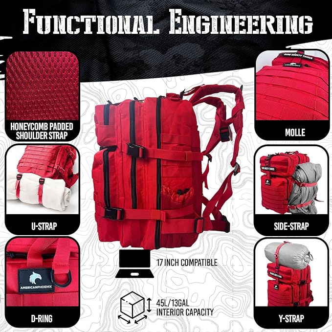 AMERICANPHOENIX 45L Elite Tactical Backpack | 3X Stronger Work & Military Backpack | Water Resistant and Heavy Duty | 3 Day MOLLE Bug Out Bag (Scarlet Sage)