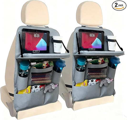 Backseat Car Organizer with Tray, 9 Storage Pockets Back Seat Protector with Foldable Tablet Holder, Waterproof Back of Seat Kick Mats for Kids Adult, Travel Accessories 2 Pack, Gray