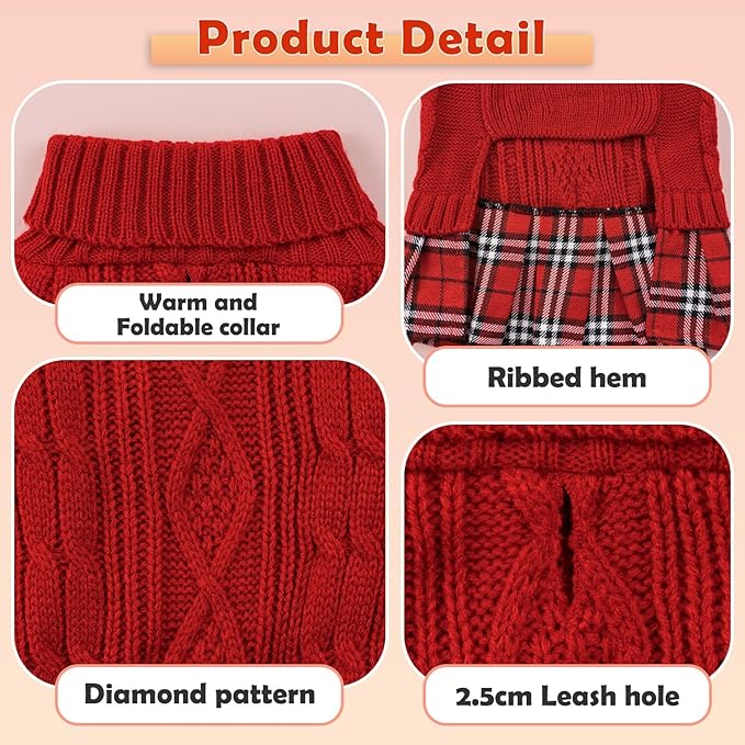 YUDODO Small Dog Sweater Dress with Bowtie Turtleneck - Knitted Pet Girl Dog Winter Clothes - Pet Warm Sweater for Puppy Yorkies, Chihuahua (S Red)