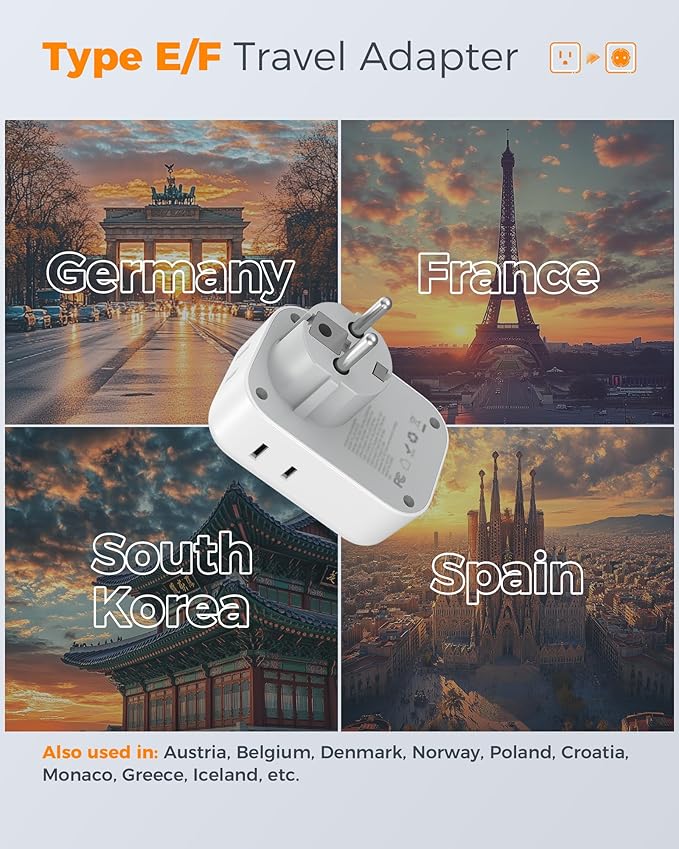 TESSAN 2 Pack Type E F Plug Adapter (2 USB-C), France Spain South Korea Power Adapter with 4 Outlets 3 USB, European Travel Adaptor for US to Germany Iceland Greece Portugal
