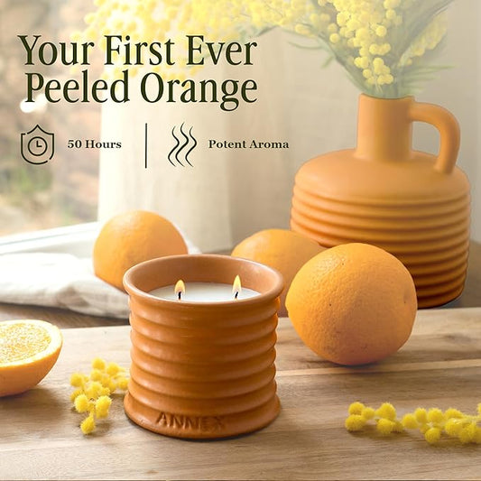 Scented Luxury Candles in Handmade Ceramic Jars, Soy Wax | Orange Blossom – Orange & Mimosa, Large Candle | Non Toxic, 2 Wicks, Reusable Big Orange Jar | Natural Spring Aromatherapy for Women & Men