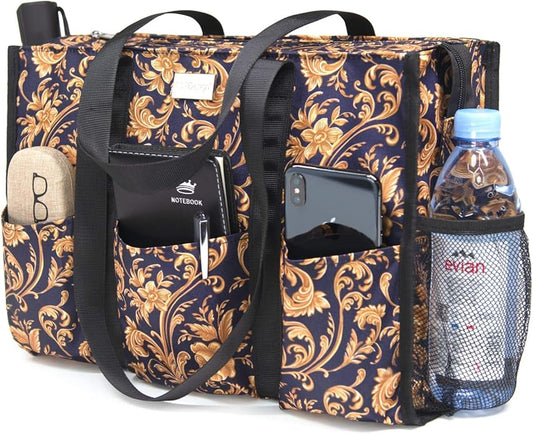 TOPDesign Utility Water Resistant Tote Bag with 13 Pockets, Top Zipper Closure & Thick Bottom Support, for Working Women