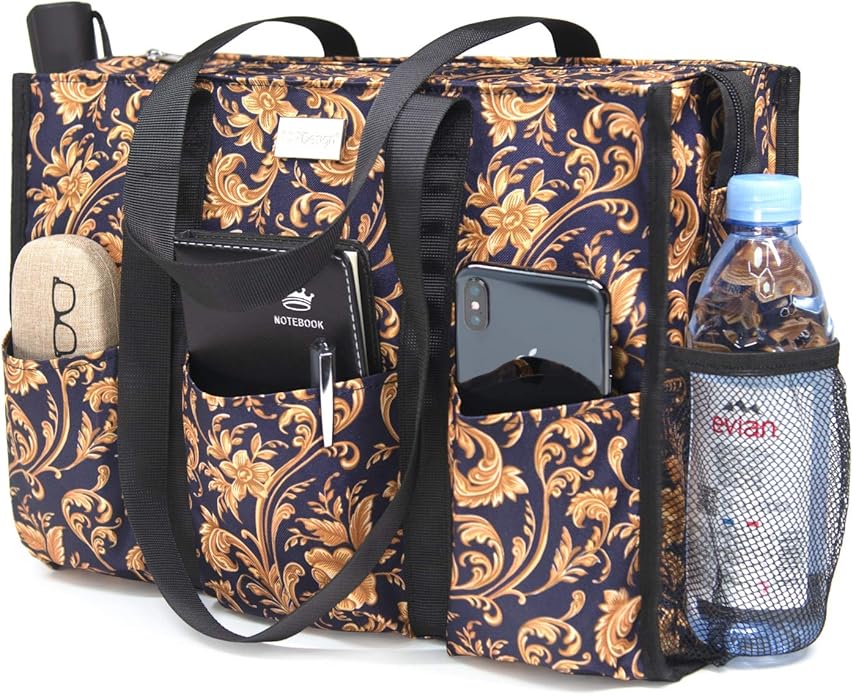 TOPDesign Utility Water Resistant Tote Bag with 13 Pockets, Top Zipper Closure & Thick Bottom Support, for Working Women