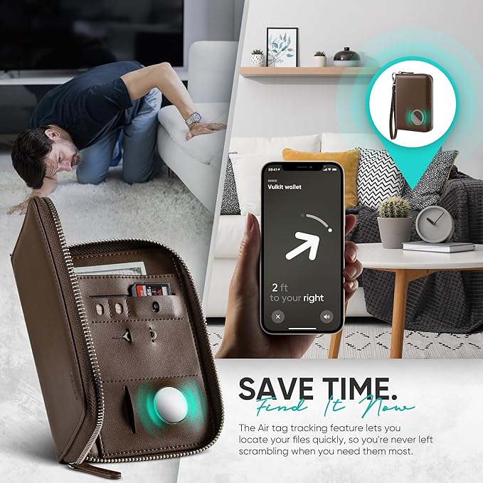 VULKIT Passport Holder for Travel with Airtag Slot, Premium Nappa Leather, RFID Blocking, Zipper Closure with Wrist Strap, Travel Document Organizer