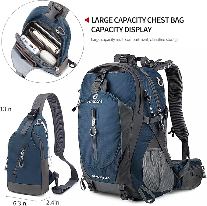 FENGDONG 40L Hiking Backpack,Crossbody Bag Lightweight Outdoor Daypack Camping,Travel Backpack for Men Women Blue