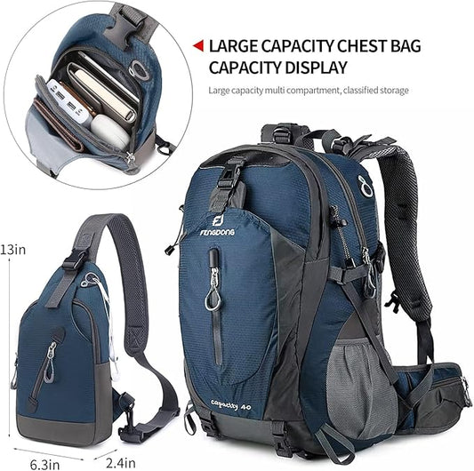 FENGDONG 40L Hiking Backpack,Crossbody Bag Lightweight Outdoor Daypack Camping,Travel Backpack for Men Women Blue