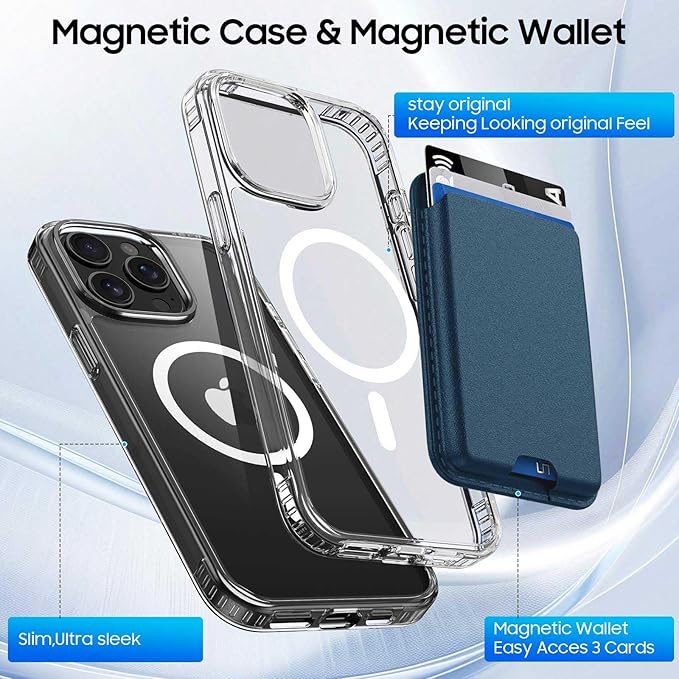 Ntwinro Magnetic for iPhone 15 Pro Clear Case (Compatible with MagSafe) with Blue Detachable Wallet & Card Holder for 3 Cards [RFID Blocking] Military Grade Protective Slim Phone Cover