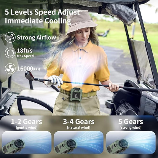 Socool 10000mAh Portable Waist Fan Clip on Wearable Belt Personal Fan Rechargeable Battery operated With 5 Speeds & Flashlight Neck Fan Hands-Free 40H Cooling For Outdoor Camping Travel (Green)