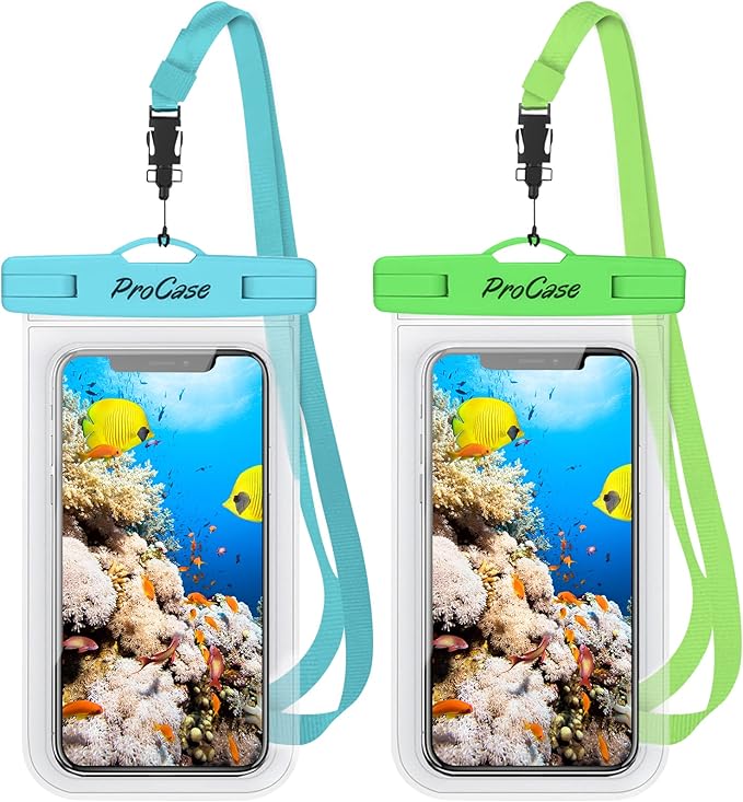 ProCase 2 Pack Waterproof Phone Pouch Case, 7" Universal Underwater Cellphone Dry Bag for iPhone 17 Air 16 15 14 13 Pro Plus Max 12 11, Galaxy S24 S23 S22 Ultra Pixel -Blue/Green