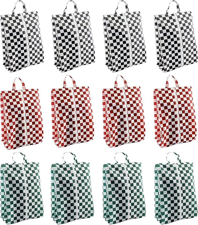 Travel Shoe Bags, Set of 12, Large Oxford Fabric Storage Bags with Zipper and Handle, Water-Resistant Pouches (Checkerboard)