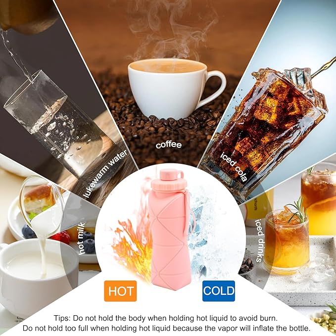 JINGYAN Collapsible Water Bottle 20oz, BPA-Free Silicone Foldable Design with Leak-Proof Lid & Lanyard - Portable Travel Water Bottle for Hiking, Gym, Camping (Pink)