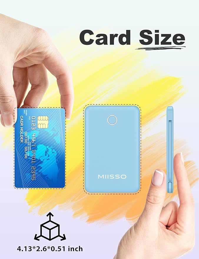 6000mah Ultra Slim Built in Cables Power Bank, Card Size Built in USB C Cords Battery Pack Portable Charger for Phones, 3 Output External Battery Pack Compatible with iPhone, Blue