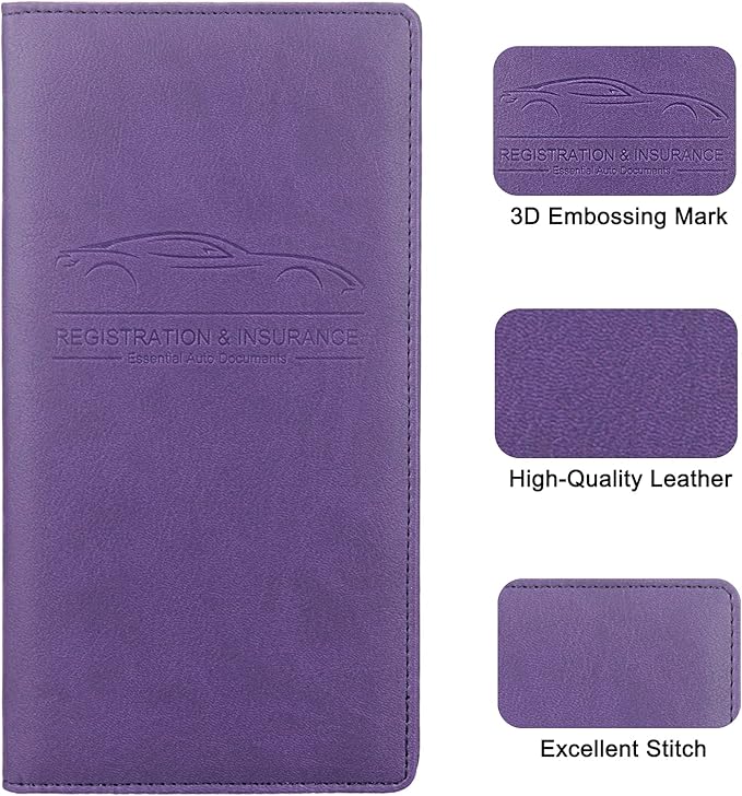 Premium Car Registration & Insurance Card Holder with Magnetic Shut, Vehicle Glove Box Car Organizer - For Documents, Cards, License (Purple)