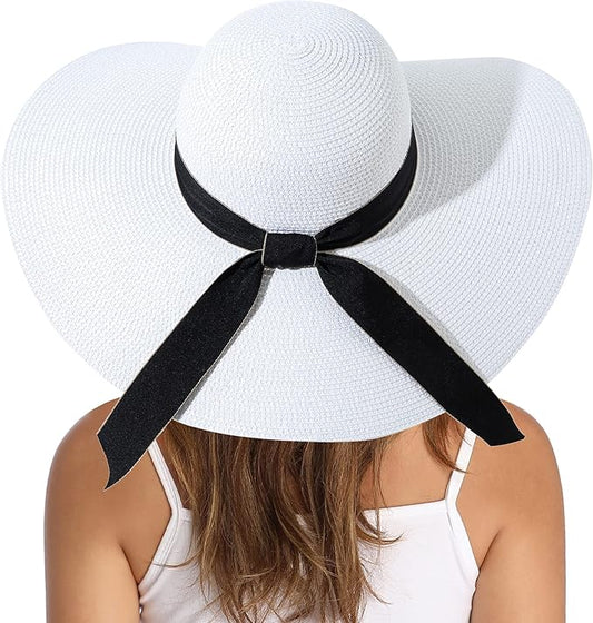 Lanzom Womens Wide Brim Straw Hat Big Floppy Foldable Roll up Cap Beach Sun Hat UPF 50+