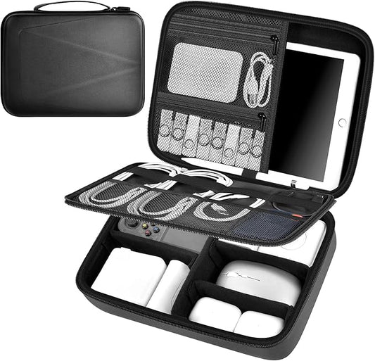 Electronics Organizer Travel Case for MacBook Power Adapter Charger Cables, Double Layer for Mouse, Power Banks, IPad, Airpods, for Apple Pencil, USB Flash Disk SD Card and Other Accessories - Black