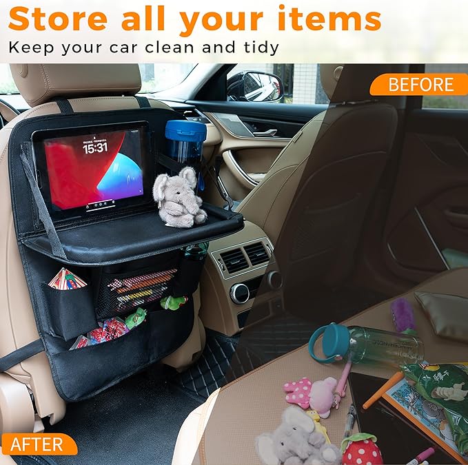 Backseat Car Organizer with Tray, 9 Storage Pockets Back Seat Protector with Foldable Tablet Holder, Waterproof Back of Seat Kick Mats for Kids Adult, Road Trip Essentials Travel Accessories, Black