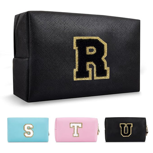 Personalized Initial A-Z Preppy Patch Makeup Bag,Small PU Chenille Letter Cosmetic Bag with Zipper for Teen Girls,Black Cute Toiletry Organizer Bag,Monogram Makeup Case Gift for Women Girls,Letter R