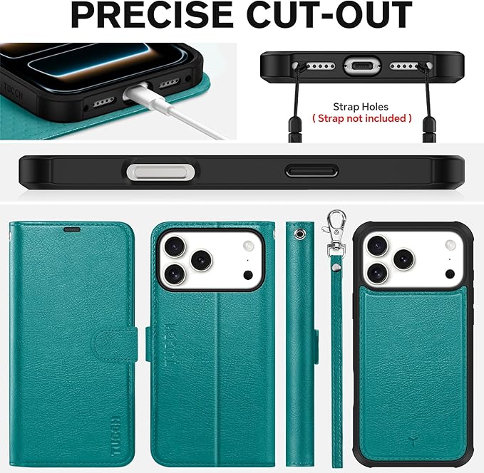 TUCCH Detachable Case Wallet for iPhone 17 Pro Max (6.9") 2025, Wrist Strap | 4 Card Slots RFID Blocking | Wireless Charging | Stand | 2-in-1 Magnetic | PU Leather | Shockproof Folio Cover | Cyan