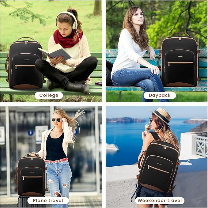LOVEVOOK 40L Large Travel Backpack for Women Men, 17 Inch Carry on Backpack for Traveling on Airplane, Personal Item Bag Airline Approved, Business Causal Weekender Backpack, Black-Brown