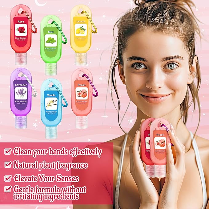 24 Packs Fruit Scented Hand Sanitizers Keychain Gift Mini Hand Sanitizer Bulk 1 oz Travel Size Sanitizer Keychain Back to School Gift Set Thanksgiving Christmas Party Favors Treat Goodie Bag Stuffer