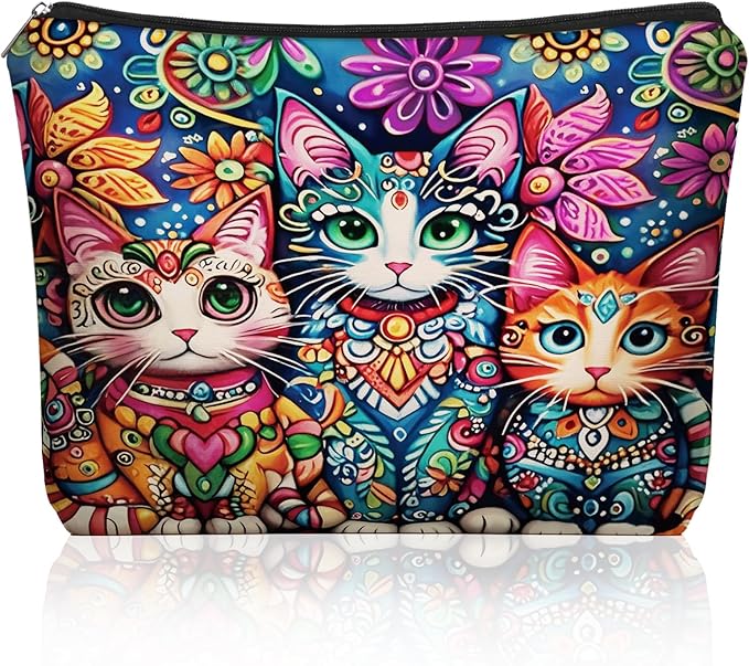 Bohemian Cat Makeup Bag Gift: Cute Boho Cats Themed Cosmetic & Toiletry Organizer Pouch For Daughters, Sisters, Friends,Teen Girls & Women.Ideal Gift For Travel, Birthdays, & Christmas.