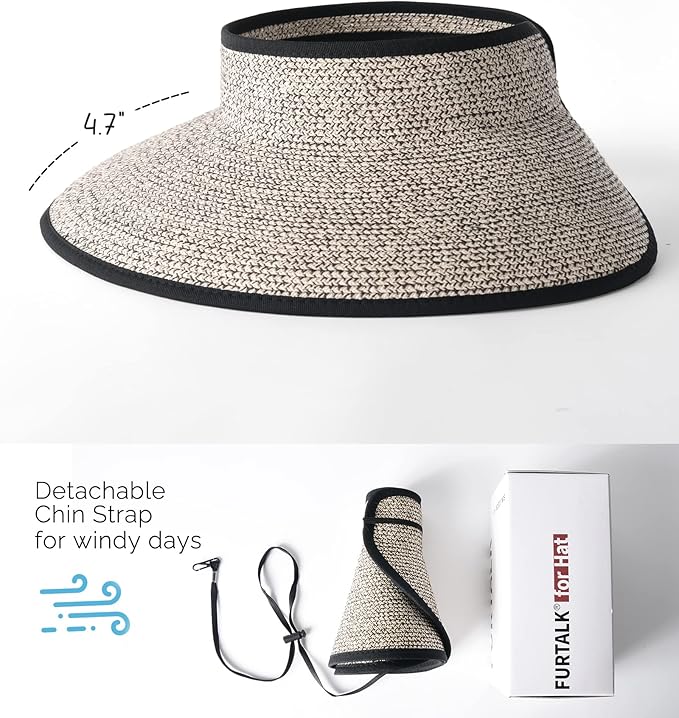 FURTALK Sun Hats for Women Wide Brim Beach Hat Straw Visor Ponytail Summer UV Packable Foldable Beach Vacation Essentials