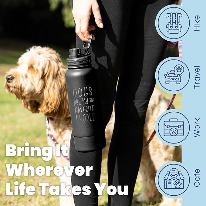 Dog Water Bottle for Dog Lovers - 32 oz Stainless Steel Double Wall Insulated Water Bottle with 8 oz Detachable Bowl on Bottom- Ideal Gift for Doggy Lovers for Christmas - “Favorite People” Black