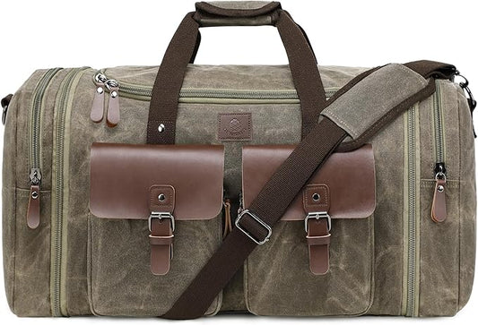 Waxed Canvas Duffle Bag for Men 50L Travel Duffel Bags Expandable Genuine Leather Duffel Overnight Weekender Carry On Bag Two Zipper Pockets Travel Bag (Vintage Grey, Large-50L)