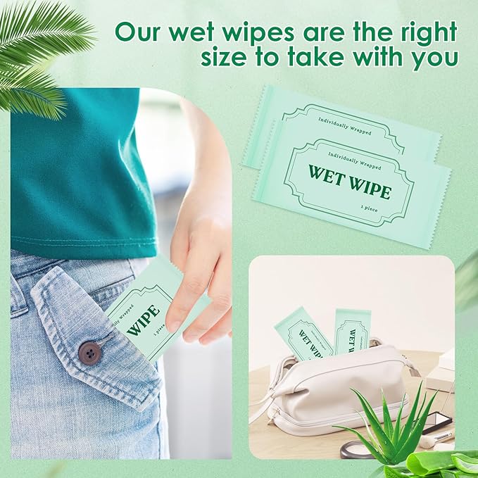 300 Pack Wet Wipes Individually Wrapped, Aloe Vera Hand Wipes, Wet Wipe Bulk Individual Hand Wipe,Travel Size Wipes Quick Hands Cleaning for Travel Wedding Restaurant Barbecue(Green)