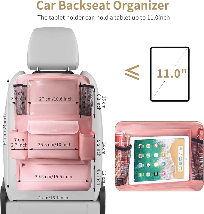 LUCMO Car Backseat Organizer with Touch Screen Tablet Holder,9 Storage Pockets Car Storage Organizer,Protectors Kick Mats Travel Accessories for Kids-Pink