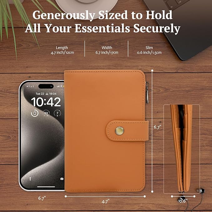 Full Grain Leather Passport Wallet, RFID Blocking Passport Holder with Tracker Slot, Multi Compartment Travel Wallet for Women & Men, Secure Passport Cover Case for Airport Essentials (Brown)