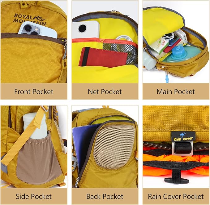 Hiking Backpack With Rain-cover, 30L Travel Backpacks For Women Men, Camping Daypack Backpacks Lightweight, Durable Hiking Backpack Fit For Camping, Daily Commuting, Short Trips (Yellow)