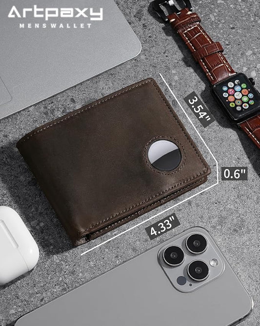 Mens Wallet With AirTag Holder, Bifold Leather RFID Blocking 1-2 ID Windows 12-13 Card Holders, Gift Box and Screen Protector Included, AirTag Not Included