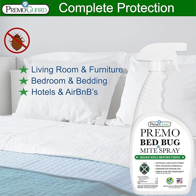 Premo Guard Bed Bug Killer Spray 24 oz - University Tested 100% Kill Rate - Natural Non Toxic, Stain & Scent Free - Kill Bedbugs & Mites On Bed & Blankets, Furniture, Clothing - Child & Pet Safe