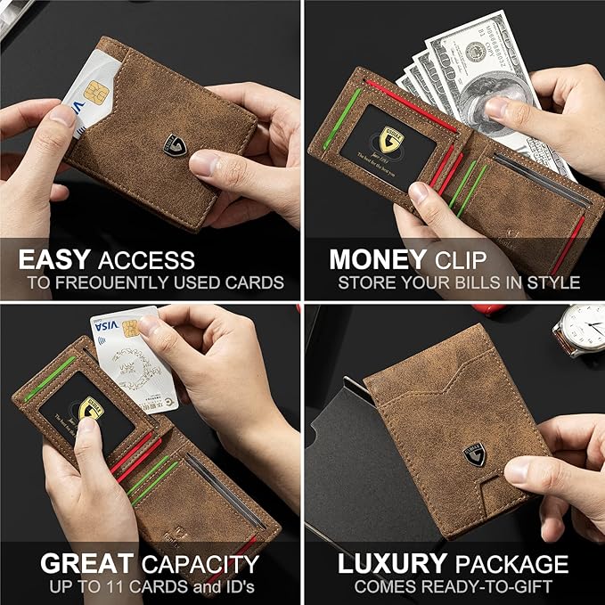 GSOIAX Mens Slim Wallet for Men Minimalist Genuine Leather Carbon Fiber Rfid Blocking Bifold Credit Card Holder With Gift Box (Retro Brown)