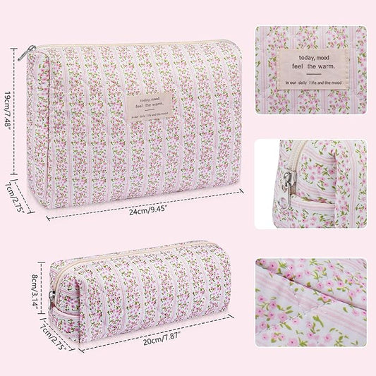 2PC Makeup Bag Set, Cute Cosmetic Bag for Women Girls, Floral Coquette Aesthetic Toiletry Bag, Travel Make Up Organizer Bag (White Blue Butterfly Flower)