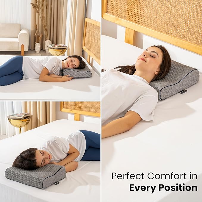 Memory Foam Travel Pillow with Washable Cover & Carry Bag – Compact, Soft & Breathable Neck Pillow for Airplane, Camping & Car (Gray- with Extra Gray Cotton Cover, 13.8x11.8x3.9/3.1 inches)