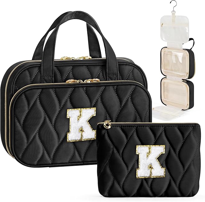 YOOLIFE Travel Toiletry Bag for Women - Hanging Toiletry Bag Makeup Bag, Portable Toiletries Cosmetic Bag, Airplane Travel Essentials Black - K