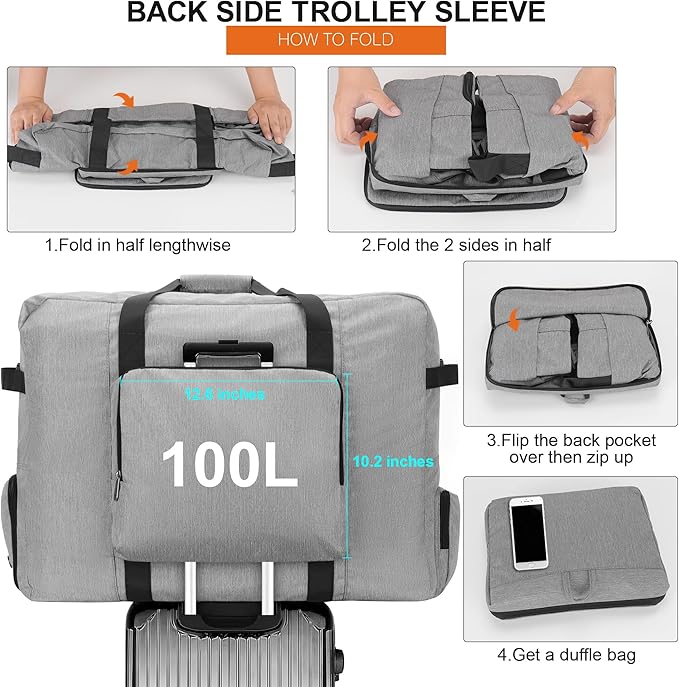 Large Travel Duffle Bag for Men Women, 80L 100L 120L Foldable Waterproof Duffle Bag, Packable Bag with Shoes Compartment for Overnight Gym Weekender Bag (Gray, 100L)