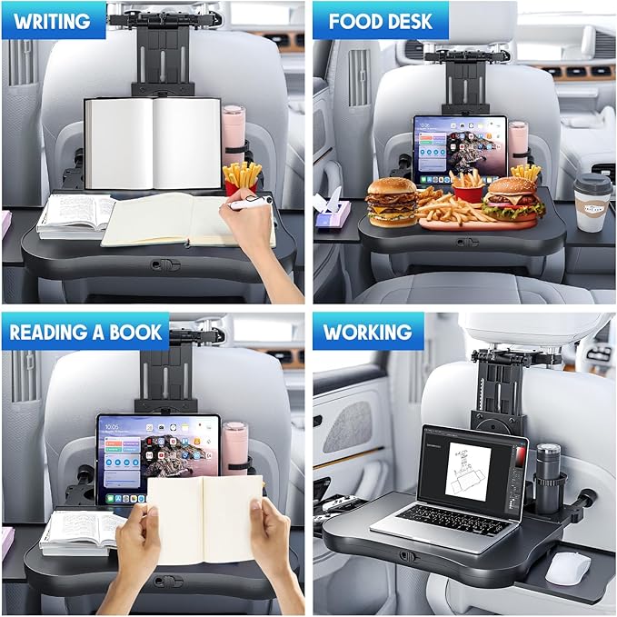 Tallew Car Back Seat Tray Table Stable Foldable Auto Backseat Food Laptop Trays Adjustable Travel Desk for Rear Passenger Road Trip Eating Work Travel