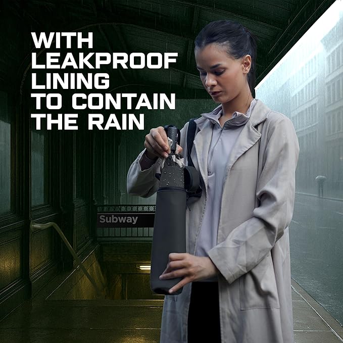 DROPTOP Windproof Compact Umbrella | Plus Crossbody Bag with Leakproof Lining | Hands-Free Carry for Wet or Dry Umbrellas | No Drips, No Hassles, Black