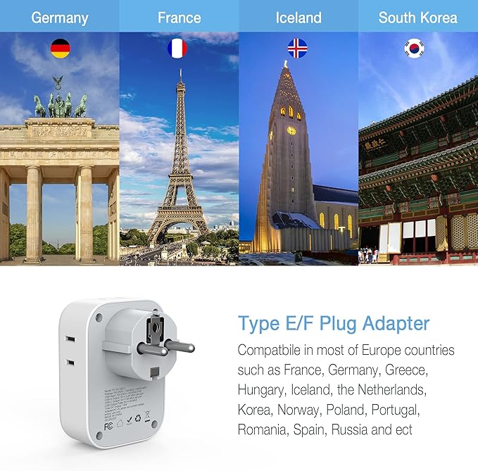 TESSAN Type E F Plug Adapter, Germany France Power Adapter with 3 USB Ports(1 USB C), 4 AC Outlets Travel Adaptor for US to Europe EU Spain Iceland Korea Greece Russia German French