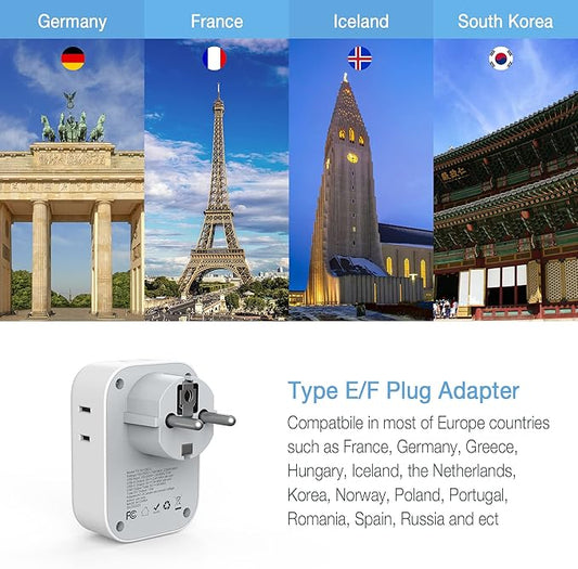 TESSAN Type E F Plug Adapter, Germany France Power Adapter with 3 USB Ports(1 USB C), 4 AC Outlets Travel Adaptor for US to Europe EU Spain Iceland Korea Greece Russia German French